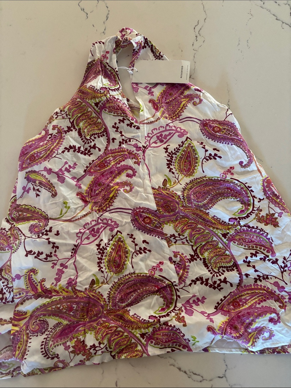Reserved White Halter Tank with Pink and Green Paisley Sz Small NWT